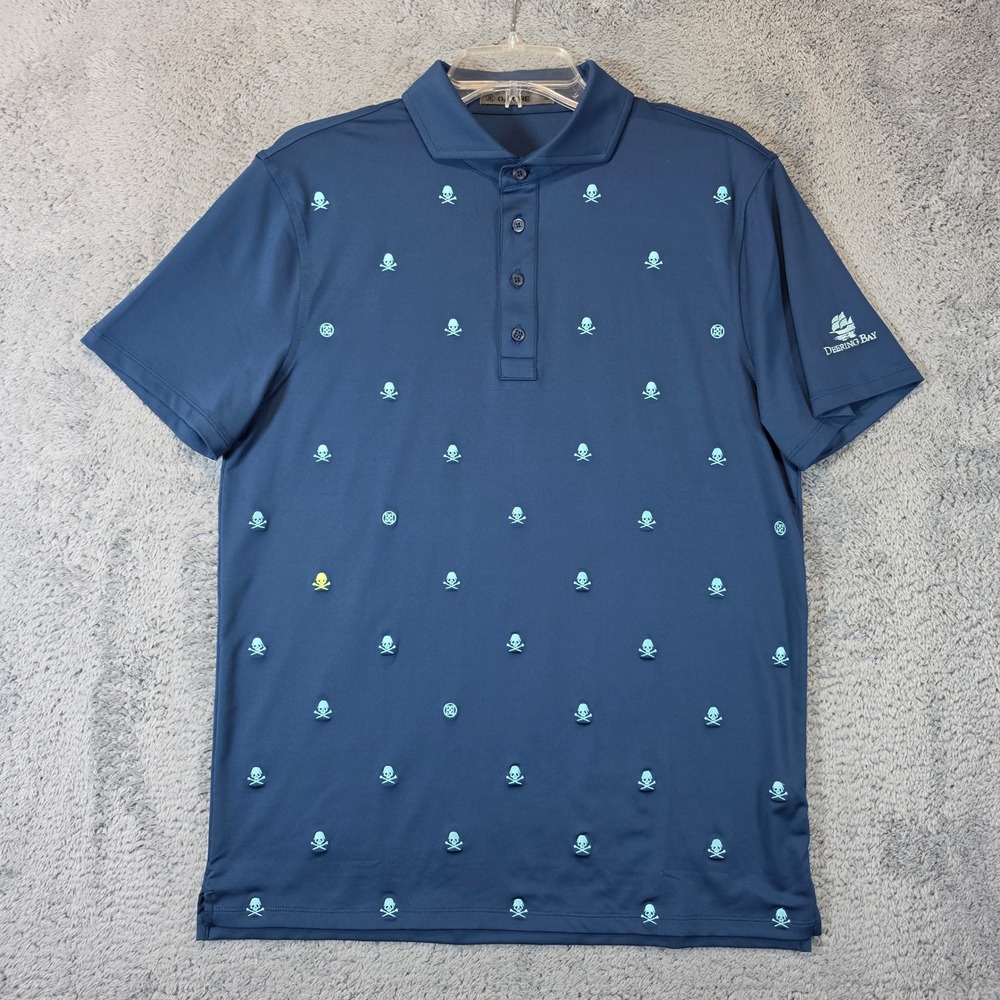 G/FORE Polo Shirt Mens Medium Blue Skull Crossbones Deering Bay Yacht Club Logo